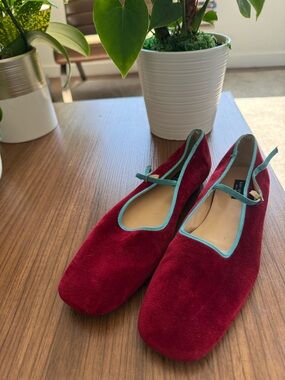 kate spade Burgundy Velvet Mary Jane Flats with Teal Trim